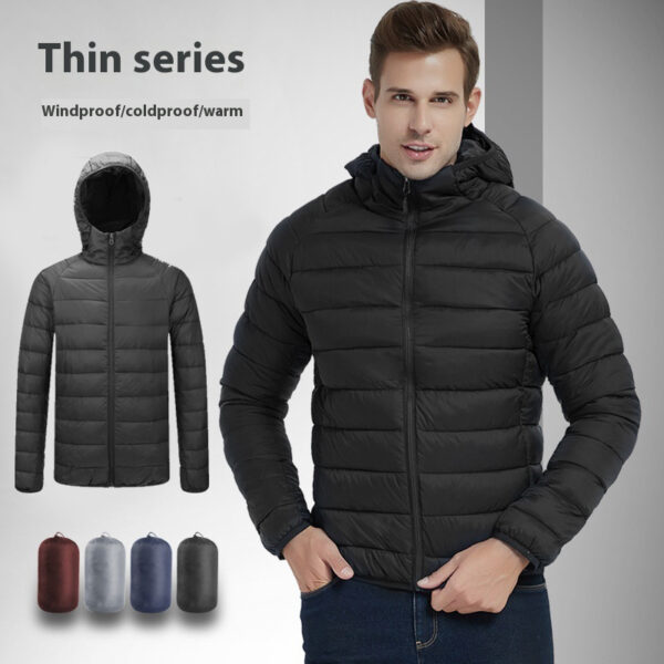 Men's Lightweight Hooded Coat Winter Warm Solid Color Zipper Jacket Fashion Portable Outerwear Top Clothing