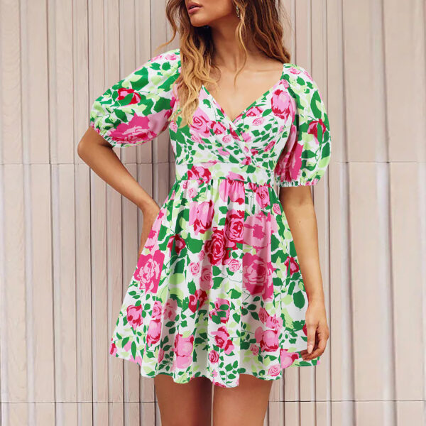 Flowers Print V-Neck Lantern-sleeve Dress Y2K Summer Vacation Beach Short Dresses Fashion Womens Clothing - Image 8